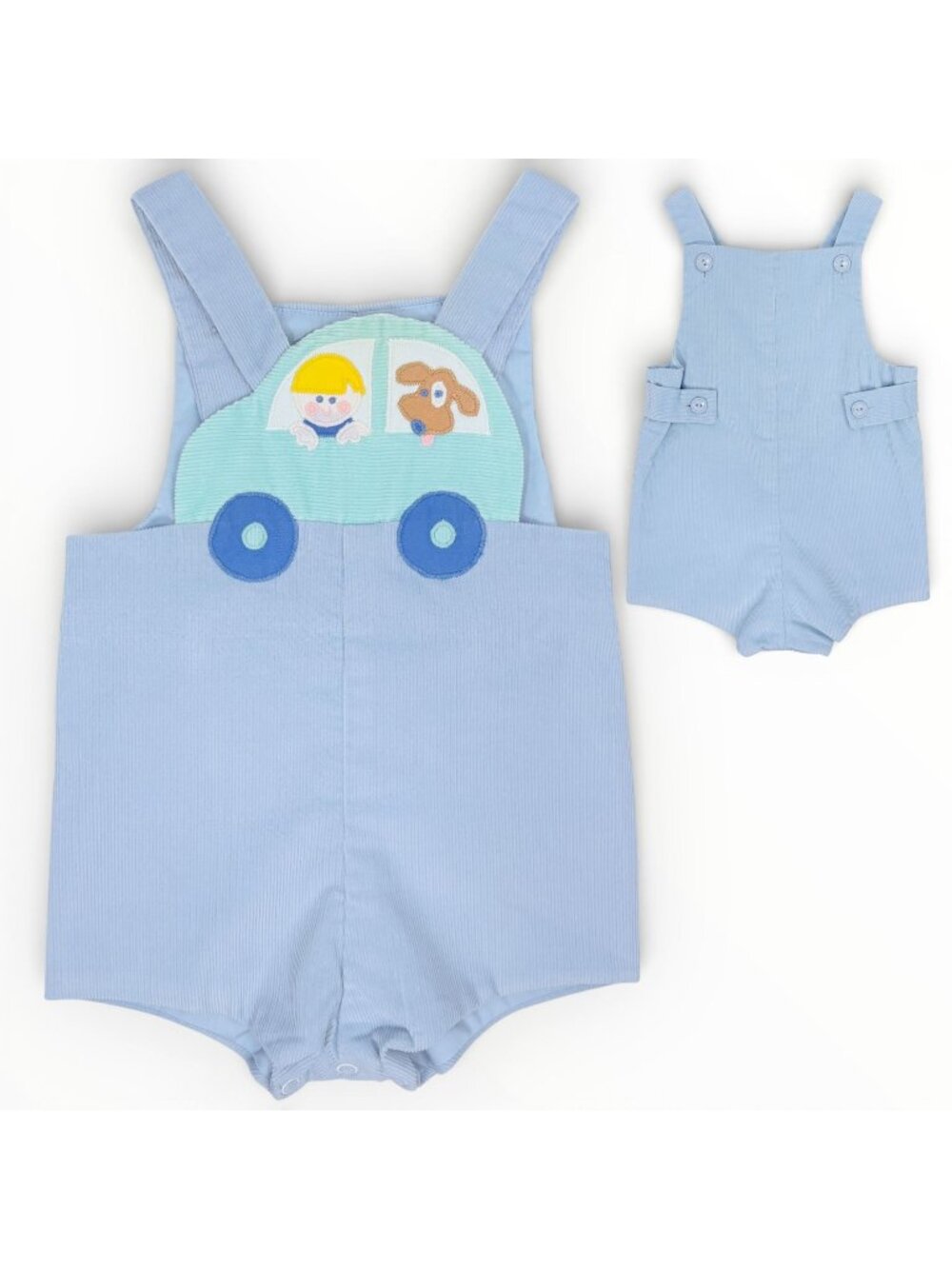 Vintage Baby Boy Blue Car + Puppy Novelty Bib Shortalls Romper Outfit 9m